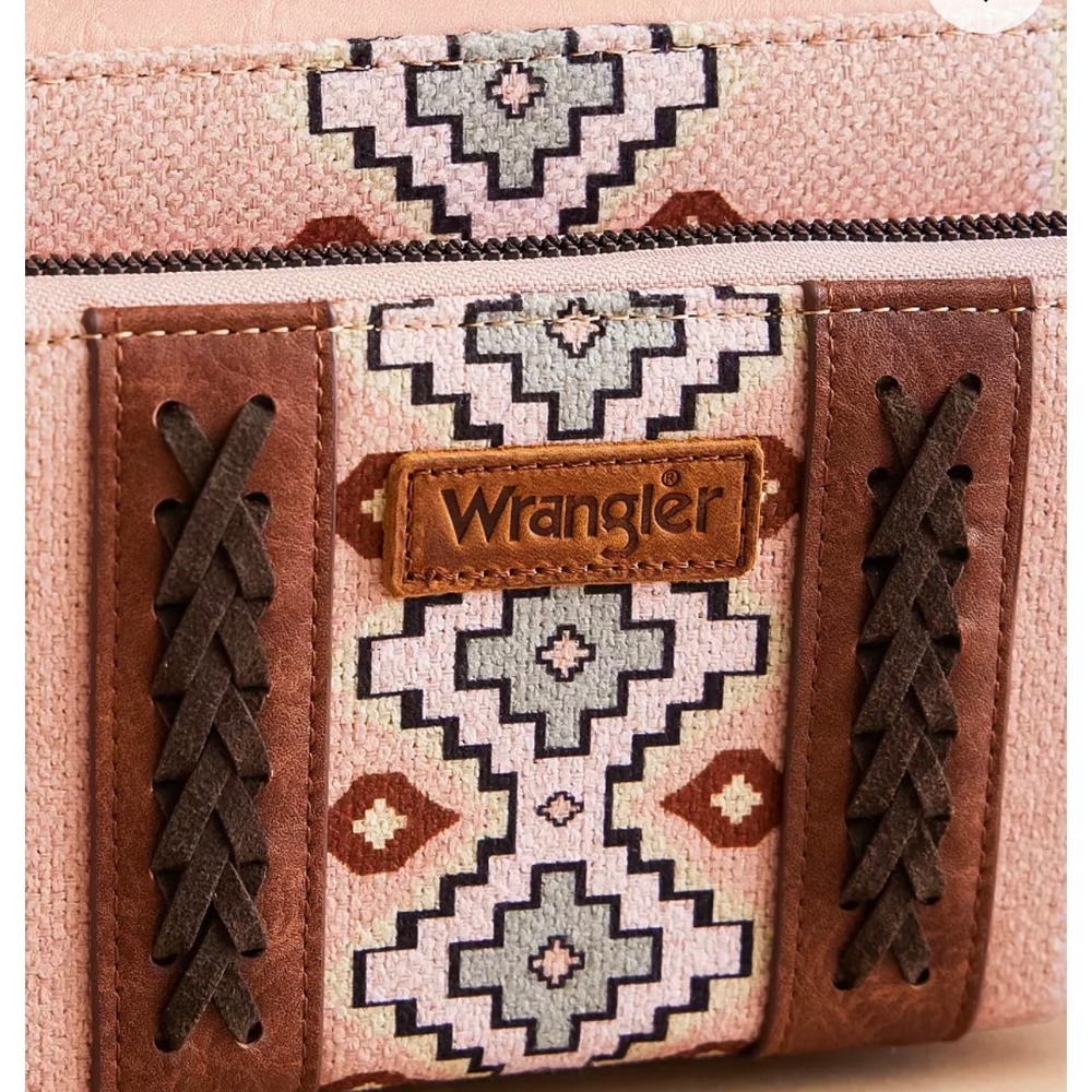 Wrangler Crossbody Bag Women  Pink Aztec Canvas PU Leather Western Organizer New - Picture 5 of 8